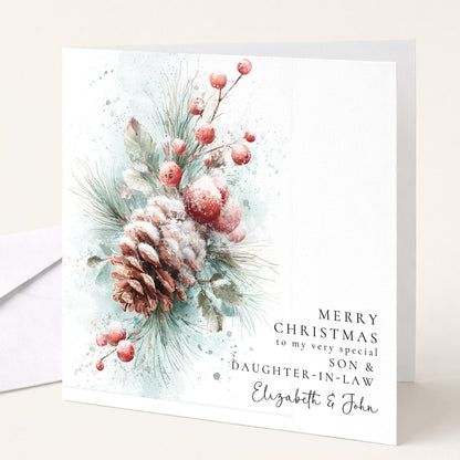 Personalised Christmas Card Son and Daughter In Law, Merry Christmas Son Daughter In Law Card, Pinecone Botanical Xmas Card, Couple Card