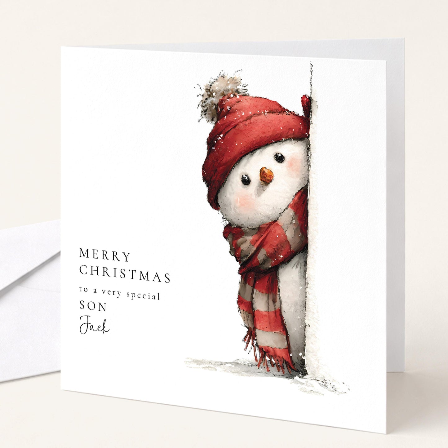 Personalised Christmas Card Son, Peeking Snowman Nephew Xmas Card, Cute Snowman Christmas Card for Boy, Special Son Christmas Card