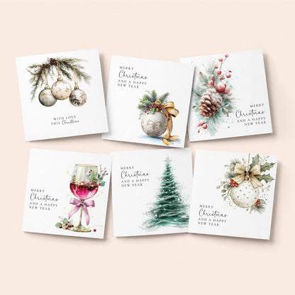 Pack of 6 elegant Christmas cards with festive illustrations including baubles, pine cone and Christmas tree, printed on 300gsm card