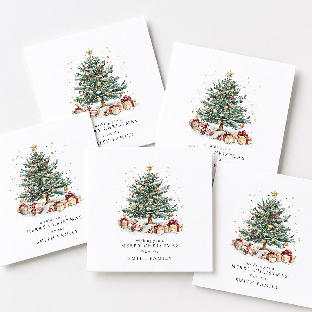 Personalised Family Christmas Card Multipack, Christmas Tree Design, Pack of 5 10 15 20 25 30 Cards, Custom Family Name