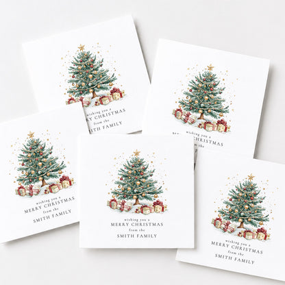 Personalised Family Christmas Card Multipack, Christmas Tree Design, Pack of 5 10 15 20 25 30 Cards, Custom Family Name