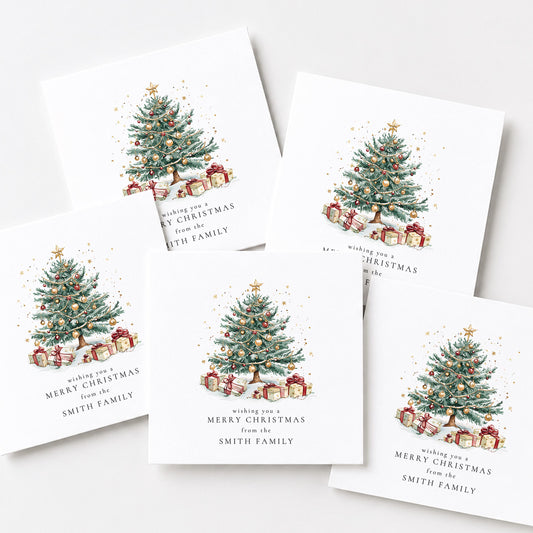 Personalised Family Christmas Card Multipack, Christmas Tree Design, Pack of 5 10 15 20 25 30 Cards, Custom Family Name