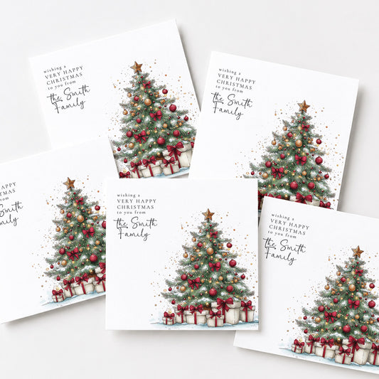 Personalised Family Christmas Card Multipack, Very Happy Christmas Tree Design, Pack of 5 10 15 20 25 30 Cards, Custom Family Name
