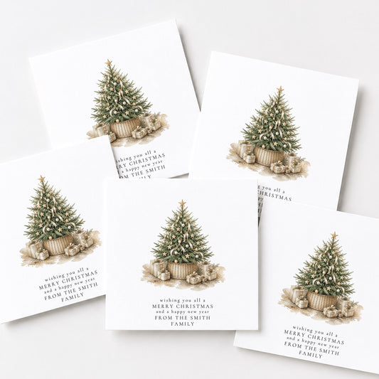 Christmas tree in wicker basket family Christmas card multipack personalised wishing you all a Merry Christmas and a happy new year