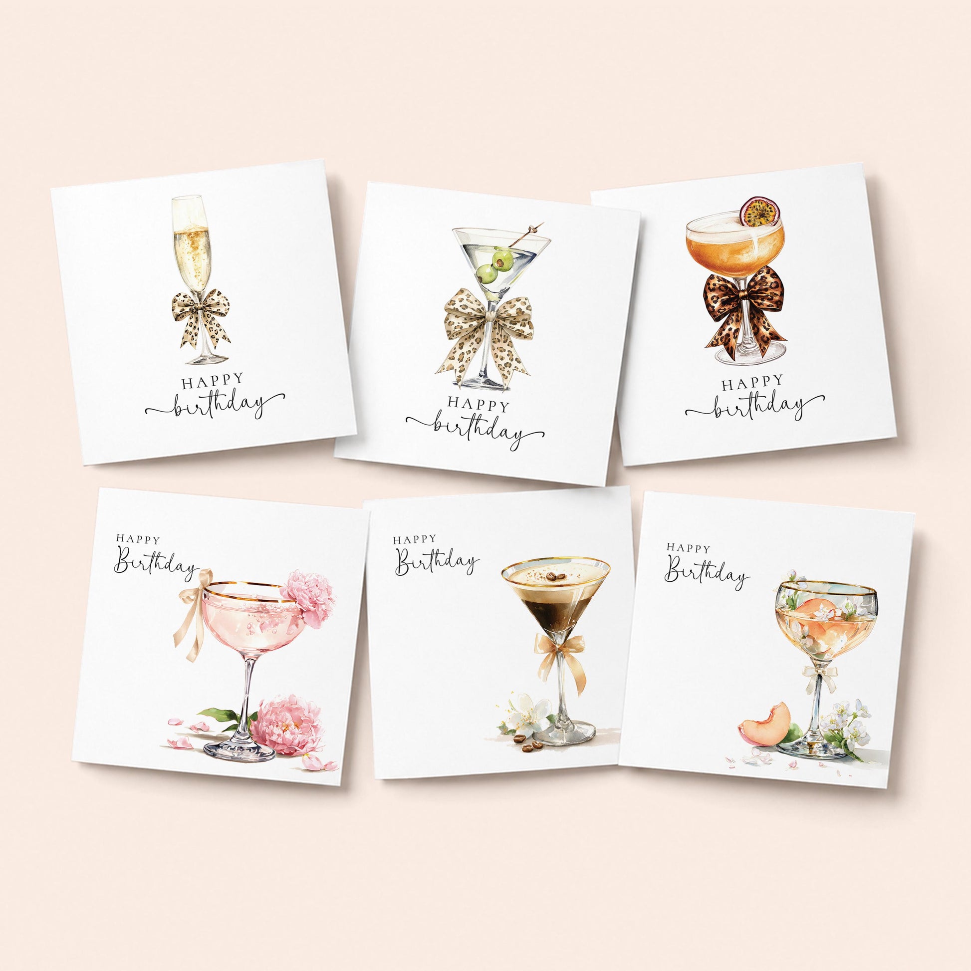 A pack of 6 elegant cocktail birthday cards for her. Beautiful drink illustrations with bow details. Printed on 300gsm card & delivered across the UK.