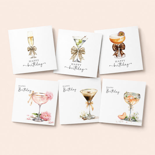 A pack of 6 elegant cocktail birthday cards for her. Beautiful drink illustrations with bow details. Printed on 300gsm card & delivered across the UK.