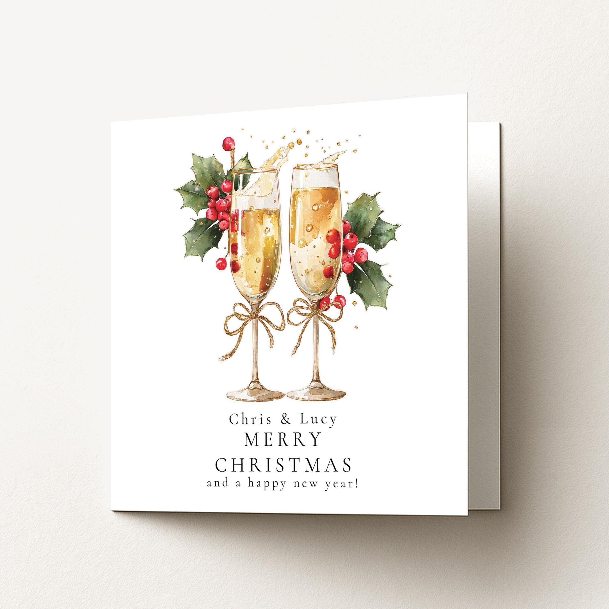 Couples Christmas Card - Personalised Festive Prosecco Card With Holly Berries