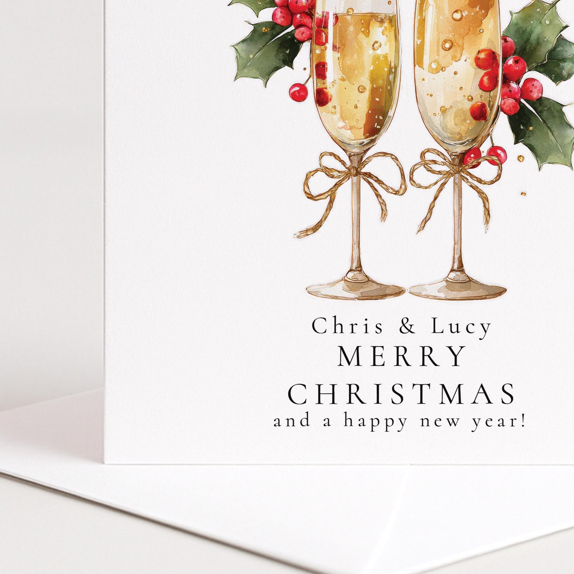 Couples Christmas Card - Personalised Festive Prosecco Card With Holly Berries