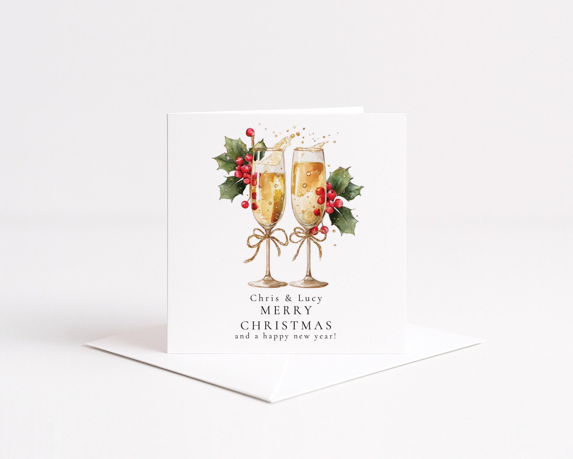 Couples Christmas Card - Personalised Festive Prosecco Card With Holly Berries