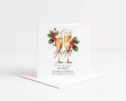 Couples Christmas Card - Personalised Festive Prosecco Card With Holly Berries