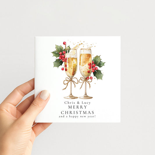 Couples Christmas Card - Personalised Festive Prosecco Card With Holly Berries