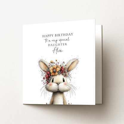 Daughter Birthday Card - Personalised Floral Bunny Card With Envelope