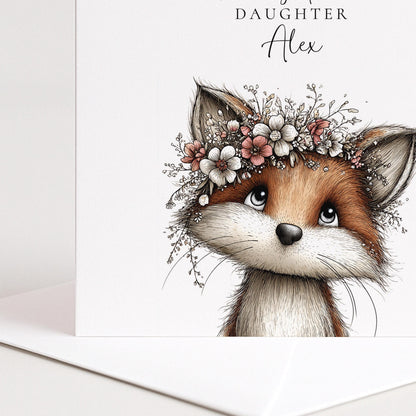 Daughter Birthday Card – Personalised Floral Crown Fox Keepsake, Premium Matte
