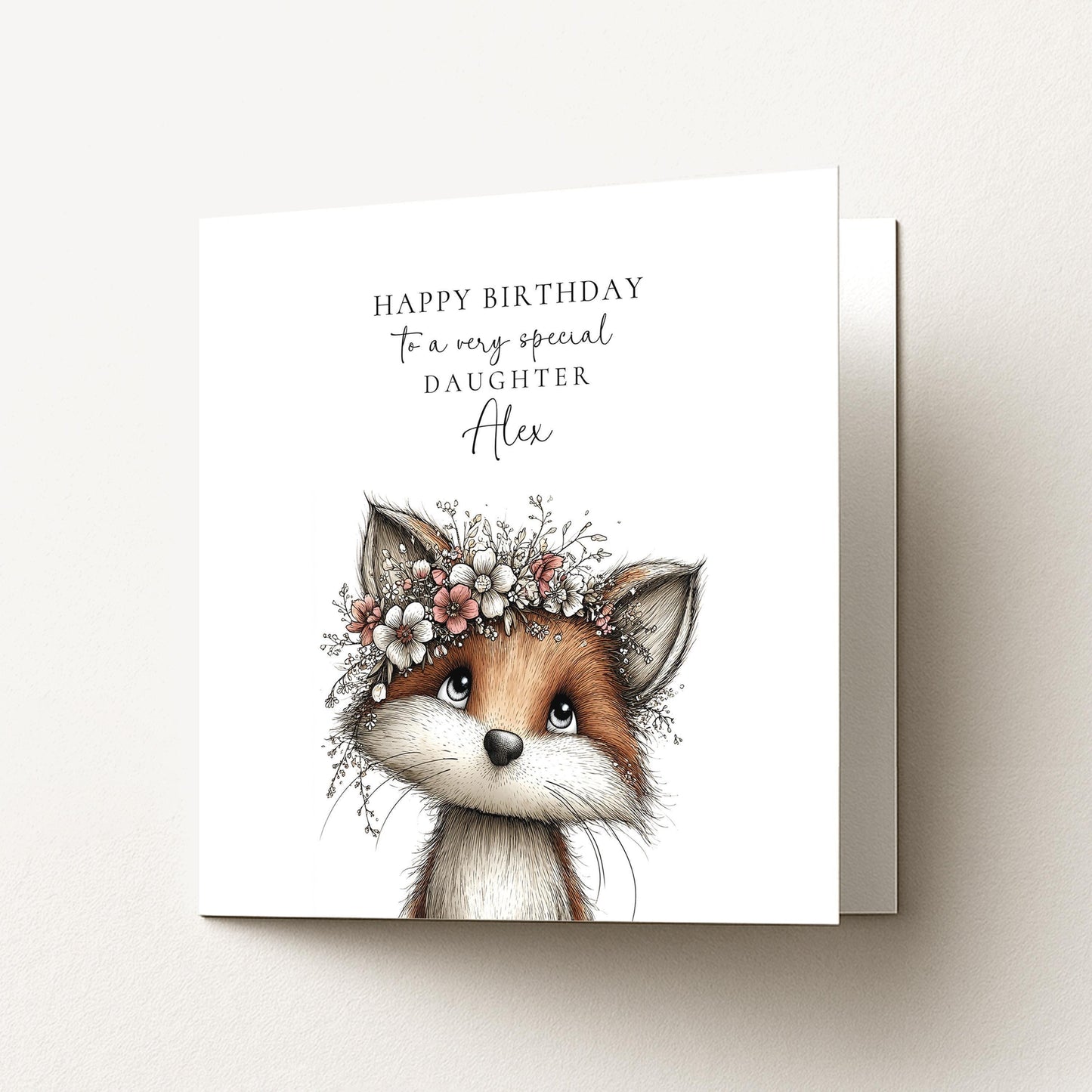 Daughter Birthday Card – Personalised Floral Crown Fox Keepsake, Premium Matte