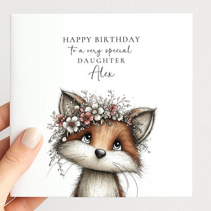 Daughter Birthday Card – Personalised Floral Crown Fox Keepsake, Premium Matte