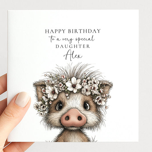 Daughter Birthday Card – Personalised Floral Crown Piglet Design, Premium Matte