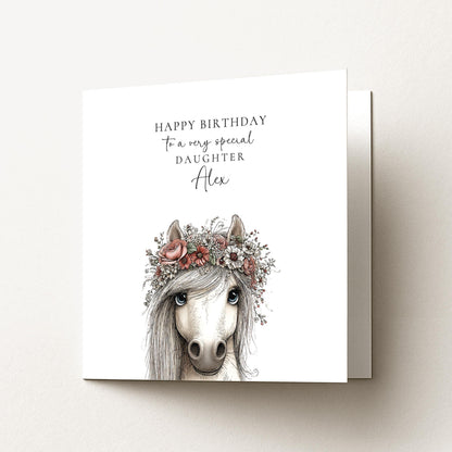 Daughter Birthday Card - Personalised Floral Pony Card with Name - Cute Gift
