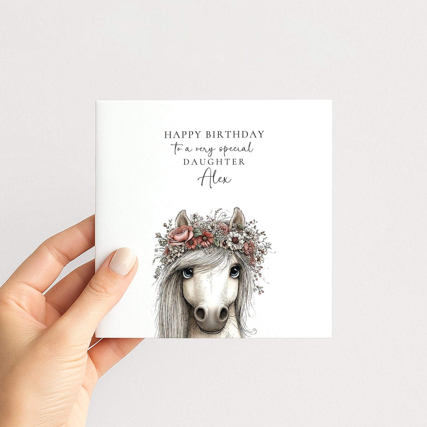 Daughter Birthday Card - Personalised Floral Pony Card with Name - Cute Gift