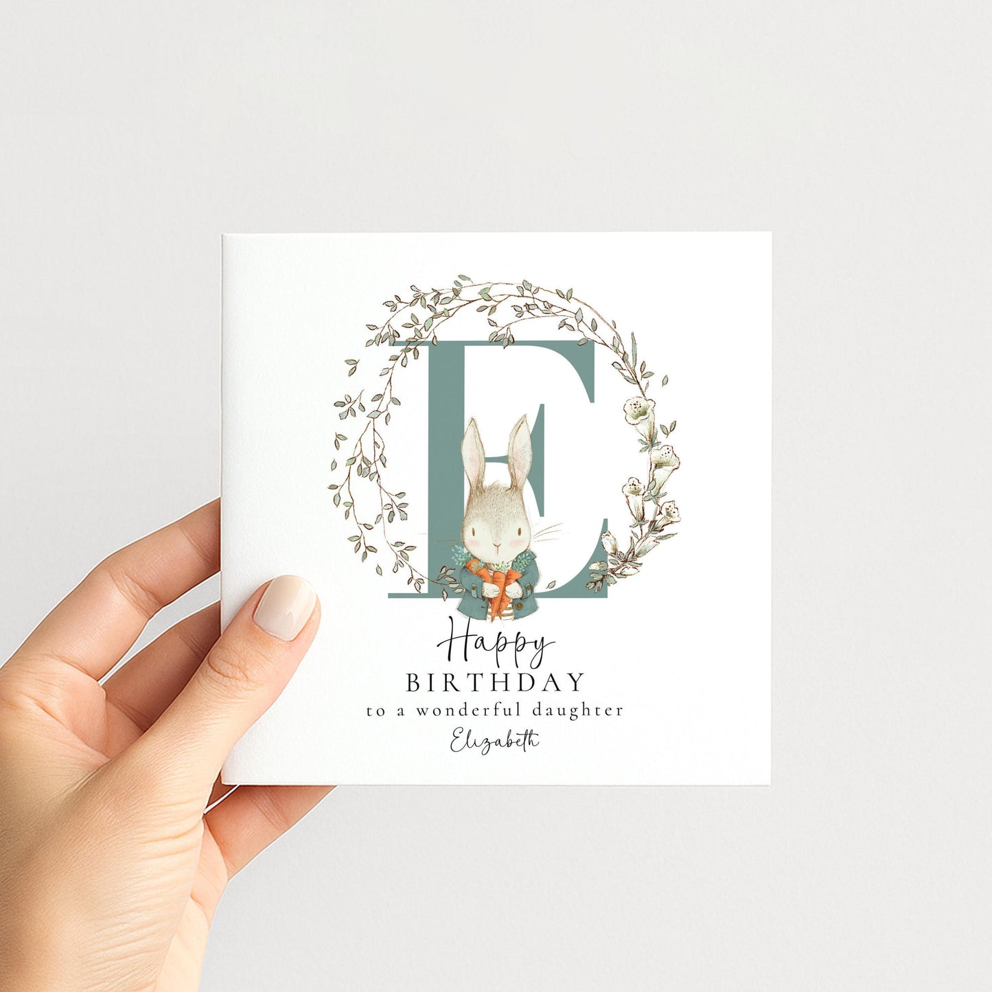 Daughter Birthday Card - Personalised Floral Rabbit Design With Initial