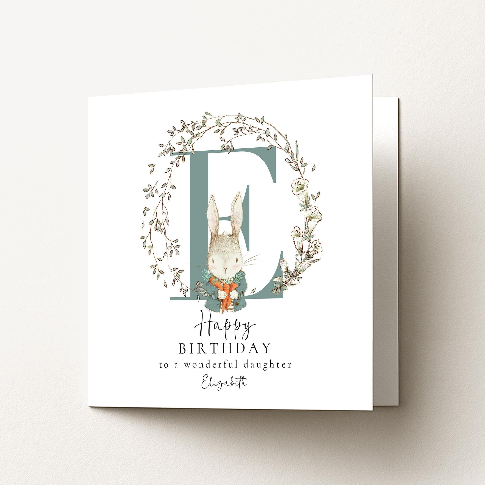 Daughter Birthday Card - Personalised Floral Rabbit Design With Initial
