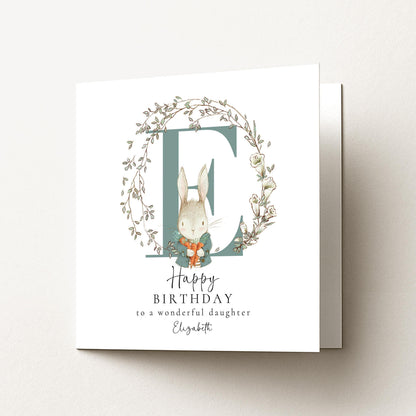 Daughter Birthday Card - Personalised Floral Rabbit Design With Initial