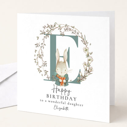 Daughter Birthday Card - Personalised Floral Rabbit Design With Initial