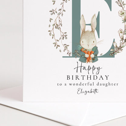 Daughter Birthday Card - Personalised Floral Rabbit Design With Initial
