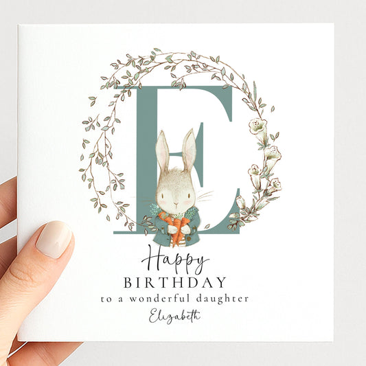Daughter Birthday Card - Personalised Floral Rabbit Design With Initial