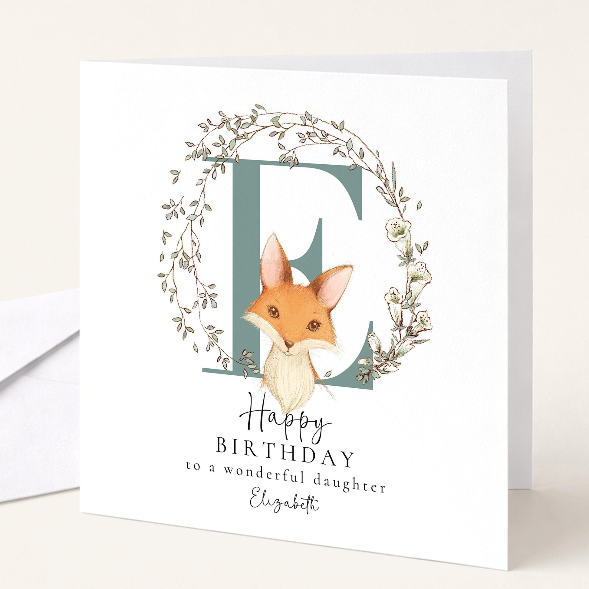 Daughter Birthday Card - Personalised Name, Floral Wreath & Fox Illustration Keepsake