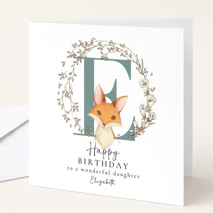 Daughter Birthday Card - Personalised Name, Floral Wreath & Fox Illustration Keepsake