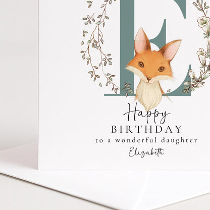 Daughter Birthday Card - Personalised Name, Floral Wreath & Fox Illustration Keepsake