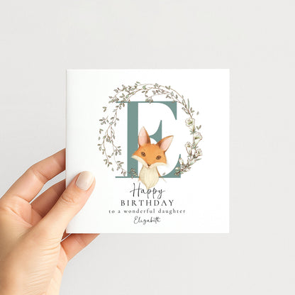 Daughter Birthday Card - Personalised Name, Floral Wreath & Fox Illustration Keepsake