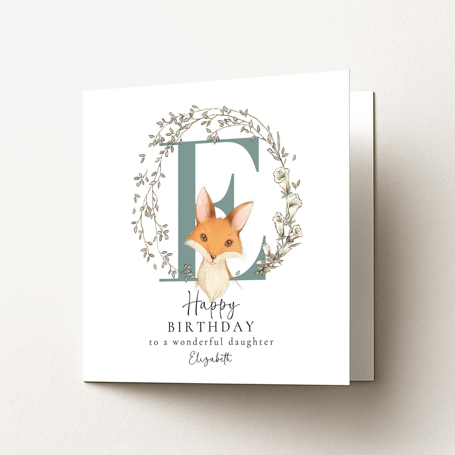 Daughter Birthday Card - Personalised Name, Floral Wreath & Fox Illustration Keepsake