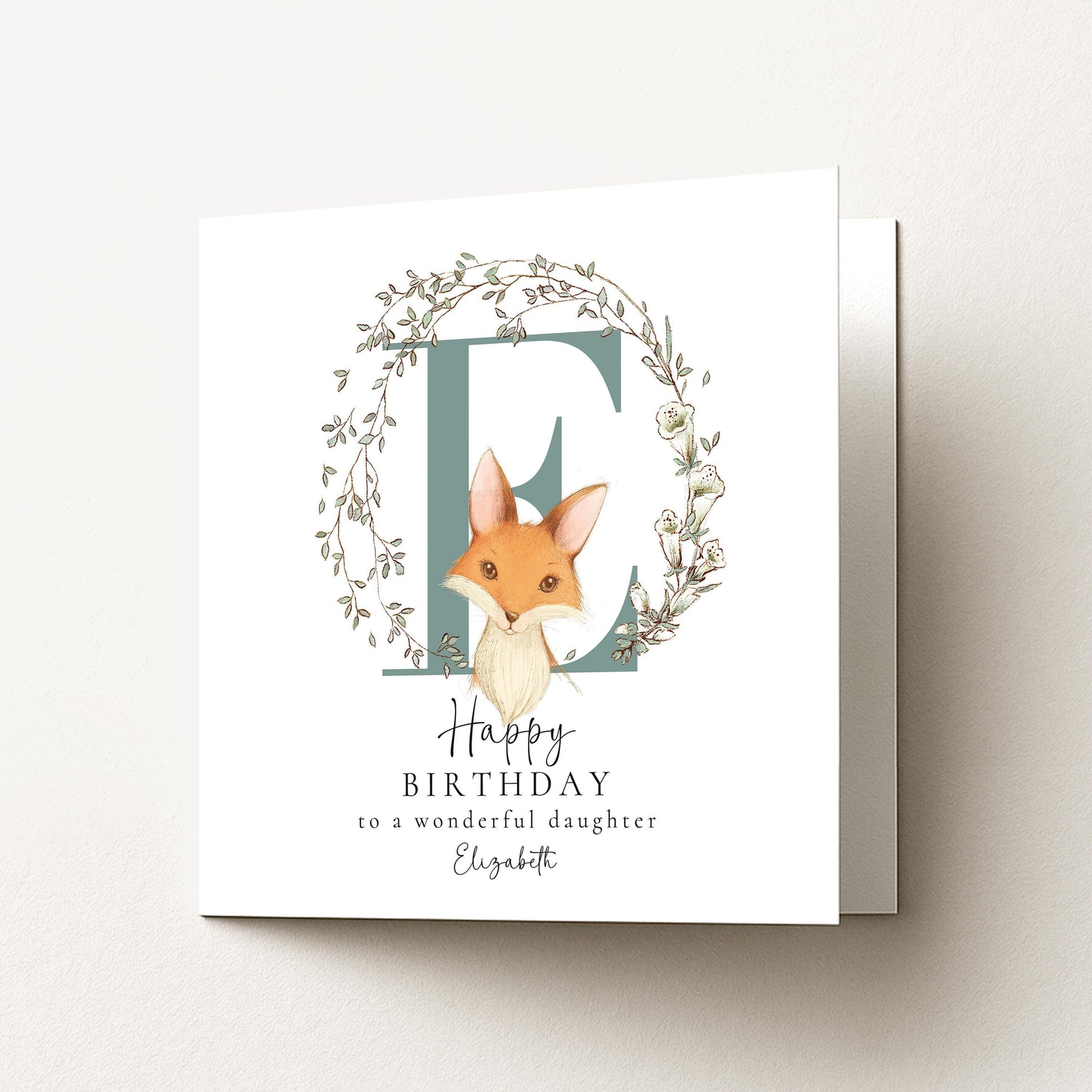 Daughter Birthday Card - Personalised Name, Floral Wreath & Fox Illustration Keepsake