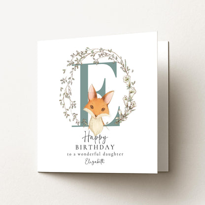 Daughter Birthday Card - Personalised Name, Floral Wreath & Fox Illustration Keepsake