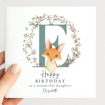 Daughter Birthday Card - Personalised Name, Floral Wreath & Fox Illustration Keepsake