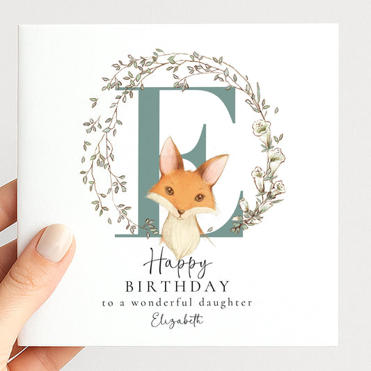 Daughter Birthday Card - Personalised Name, Floral Wreath & Fox Illustration Keepsake