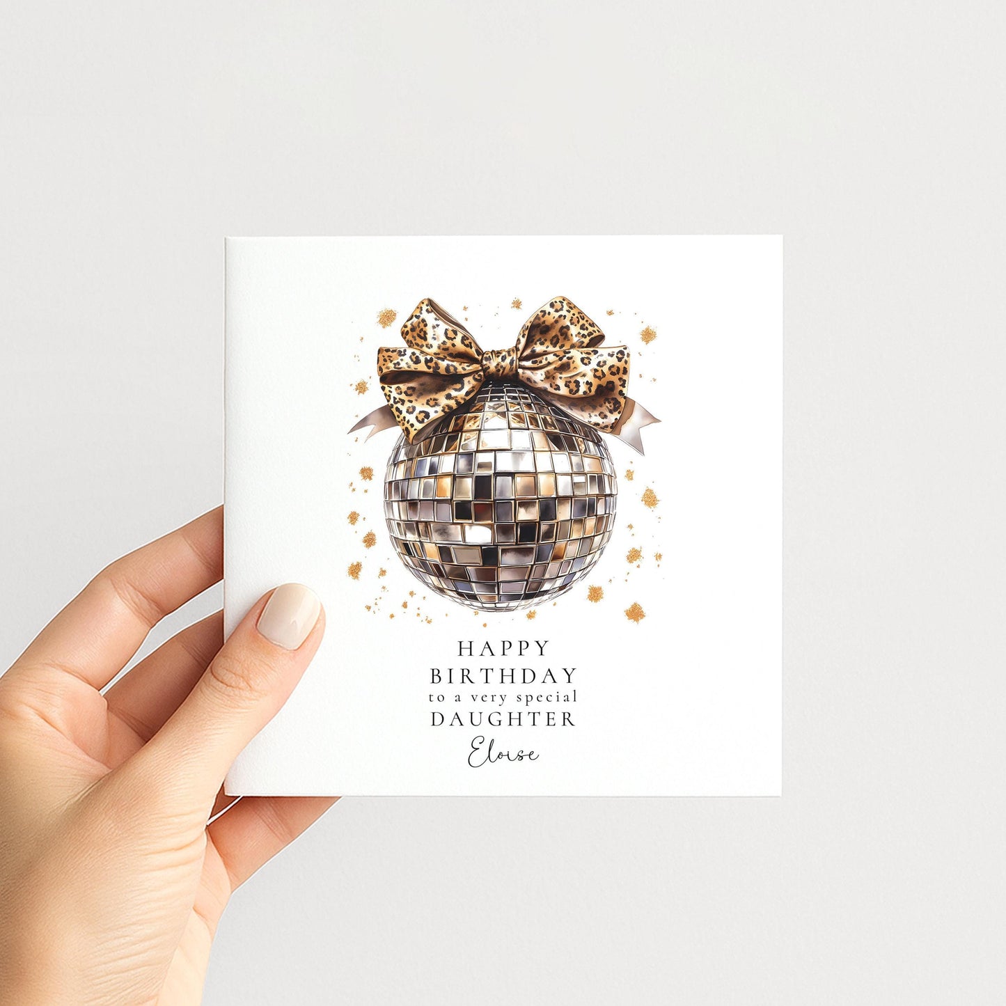 Daughter Birthday Card – Personalised Stylish Disco Ball Design With Leopard Print Bow