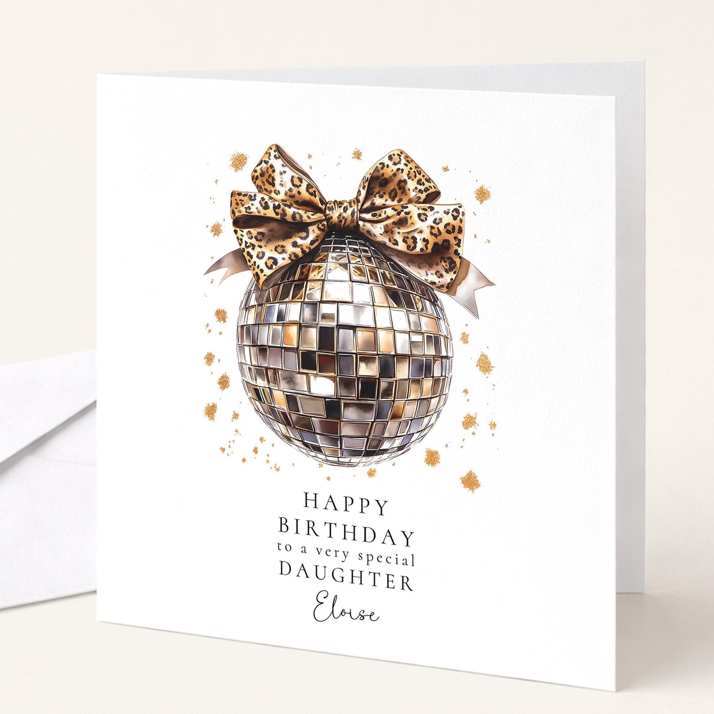 Daughter Birthday Card – Personalised Stylish Disco Ball Design With Leopard Print Bow