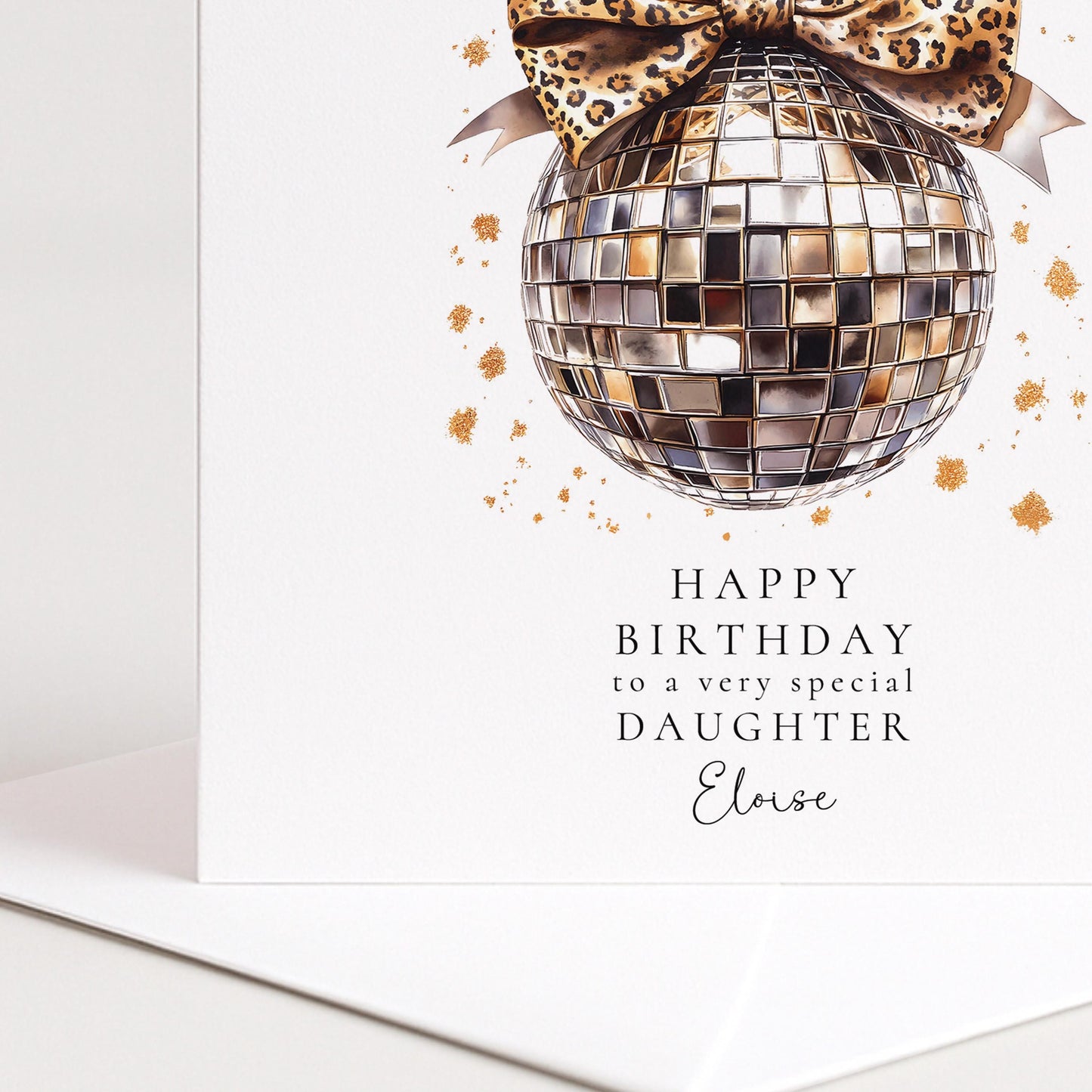 Daughter Birthday Card – Personalised Stylish Disco Ball Design With Leopard Print Bow