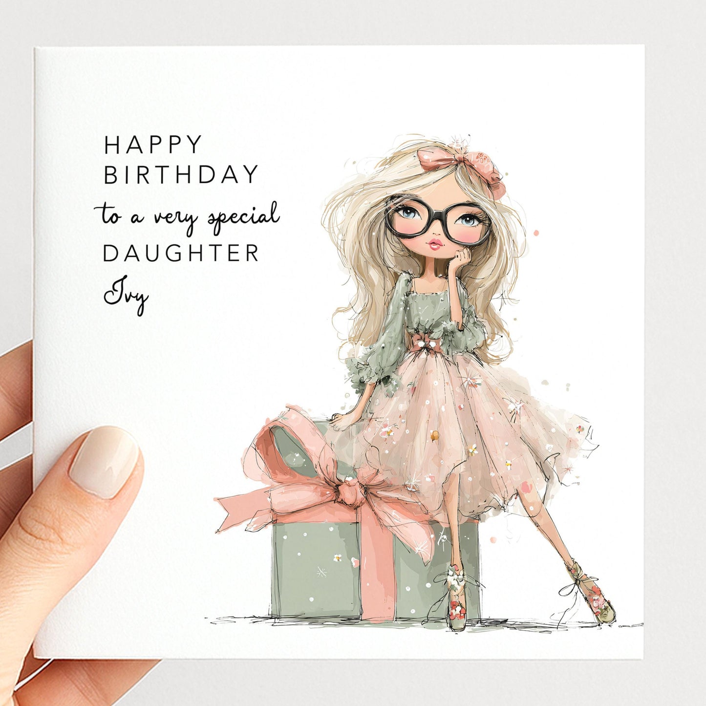 Daughter Birthday Card – Personalised Stylish Greeting With Gift Box Design