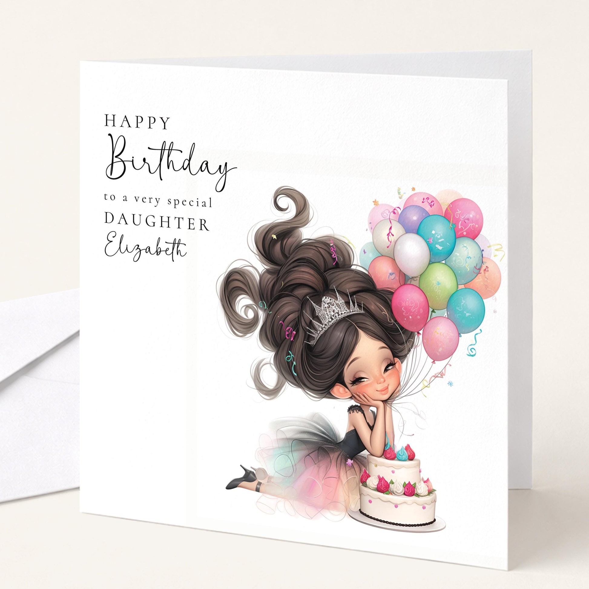 Daughter Birthday Card – Personalised Tween Girl Birthday Cake & Balloon Design