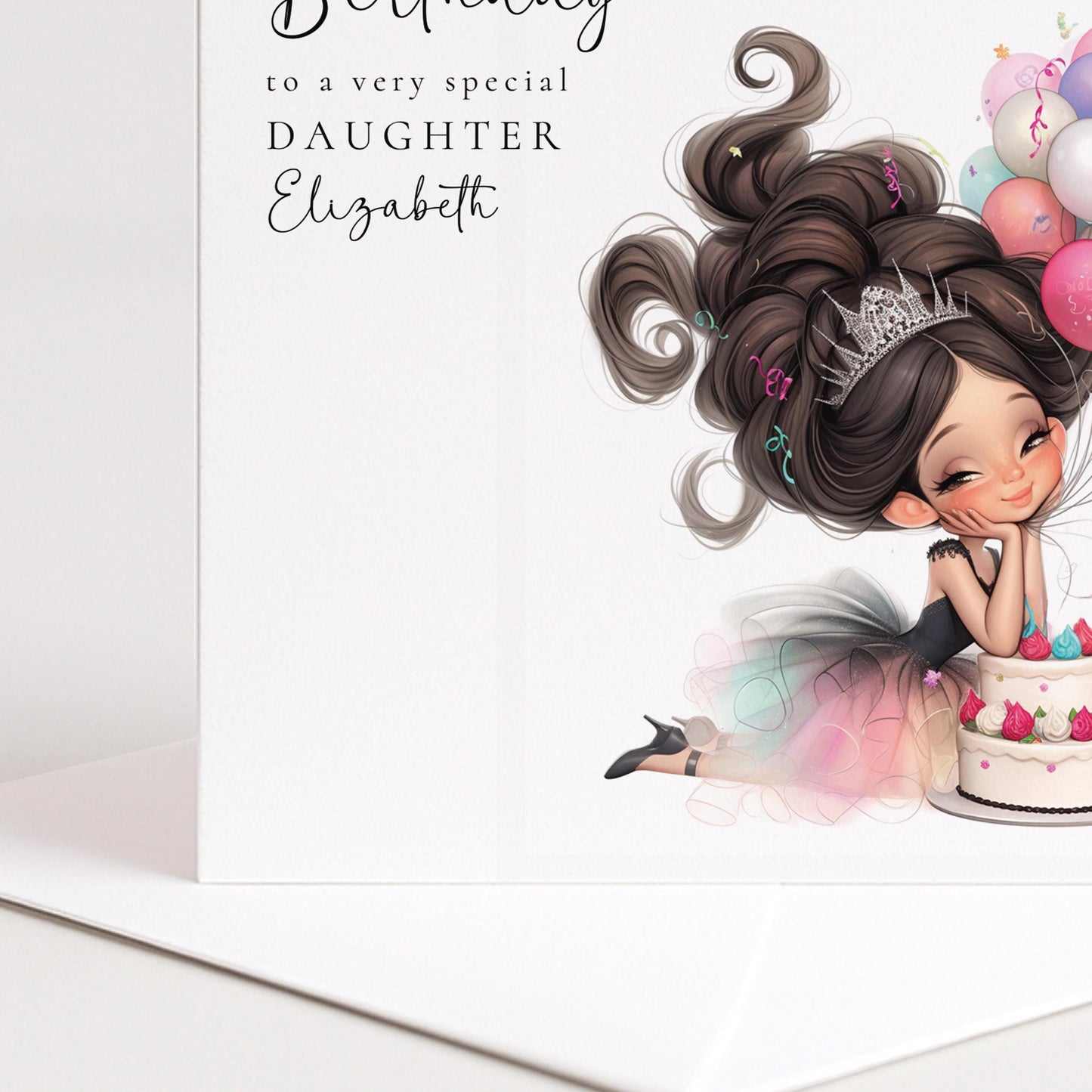 Daughter Birthday Card – Personalised Tween Girl Birthday Cake & Balloon Design