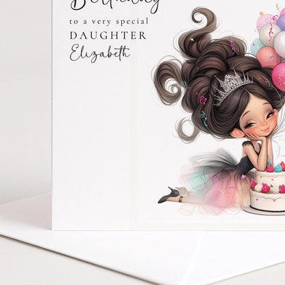 Daughter Birthday Card – Personalised Tween Girl Birthday Cake & Balloon Design