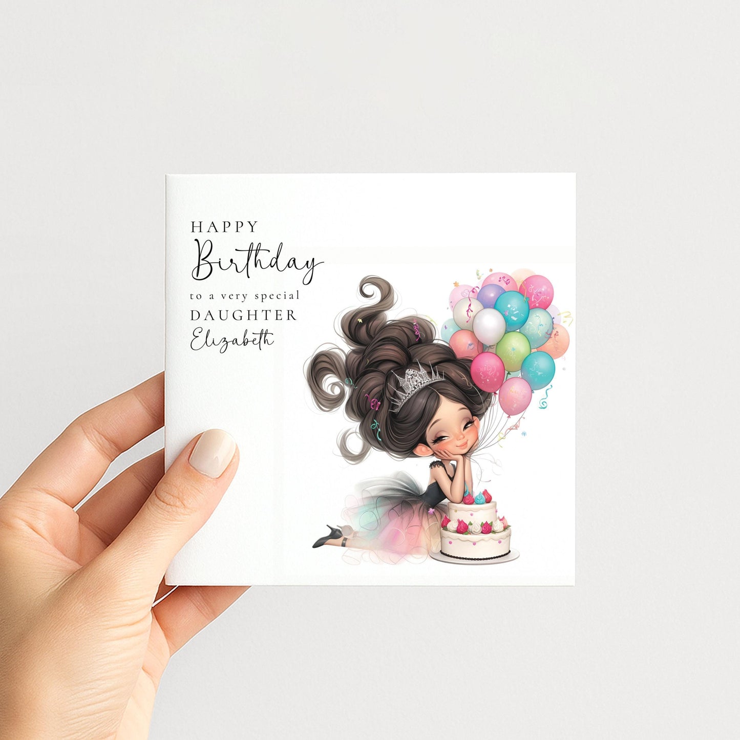 Daughter Birthday Card – Personalised Tween Girl Birthday Cake & Balloon Design