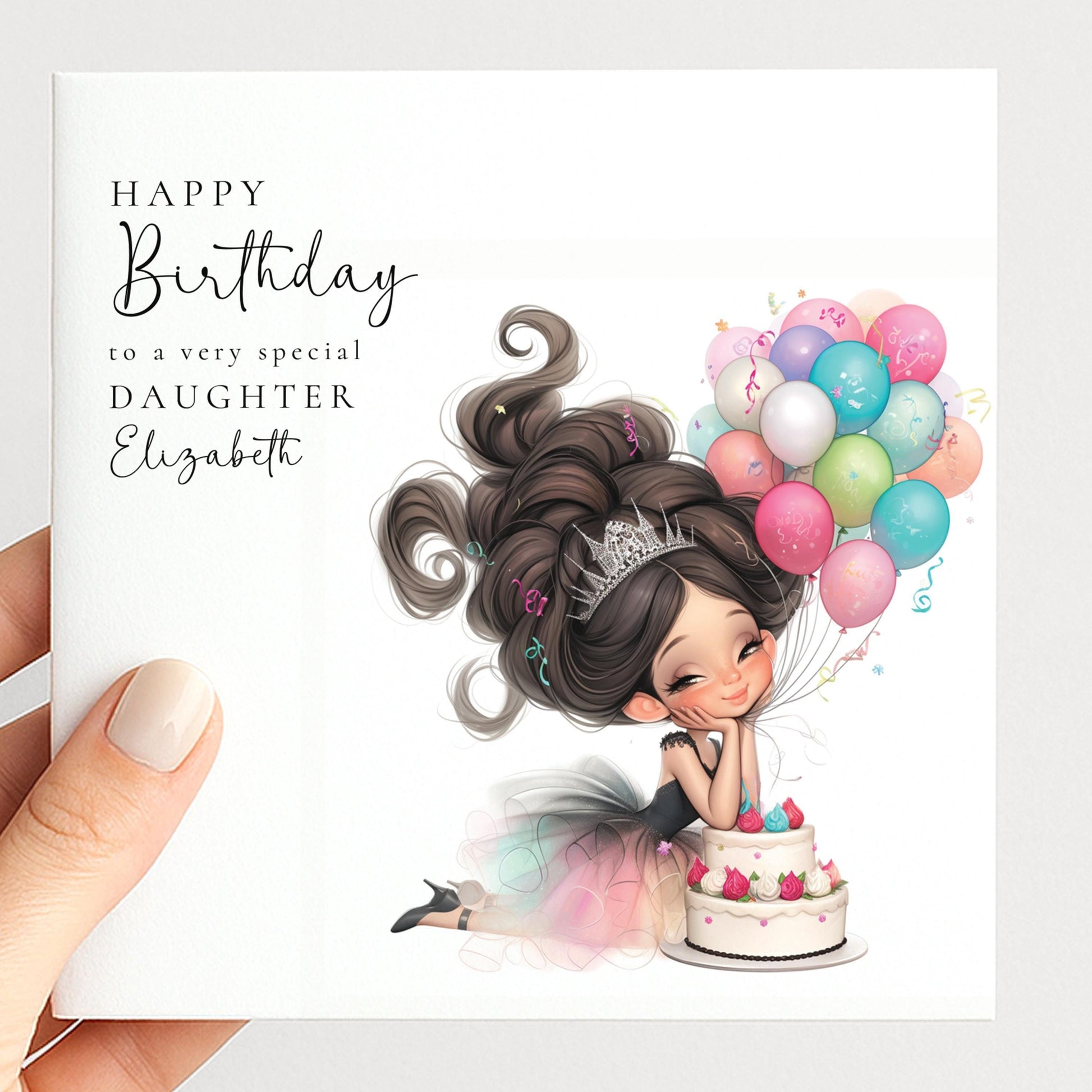 Daughter Birthday Card – Personalised Tween Girl Birthday Cake & Balloon Design