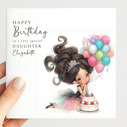 Daughter Birthday Card – Personalised Tween Girl Birthday Cake & Balloon Design