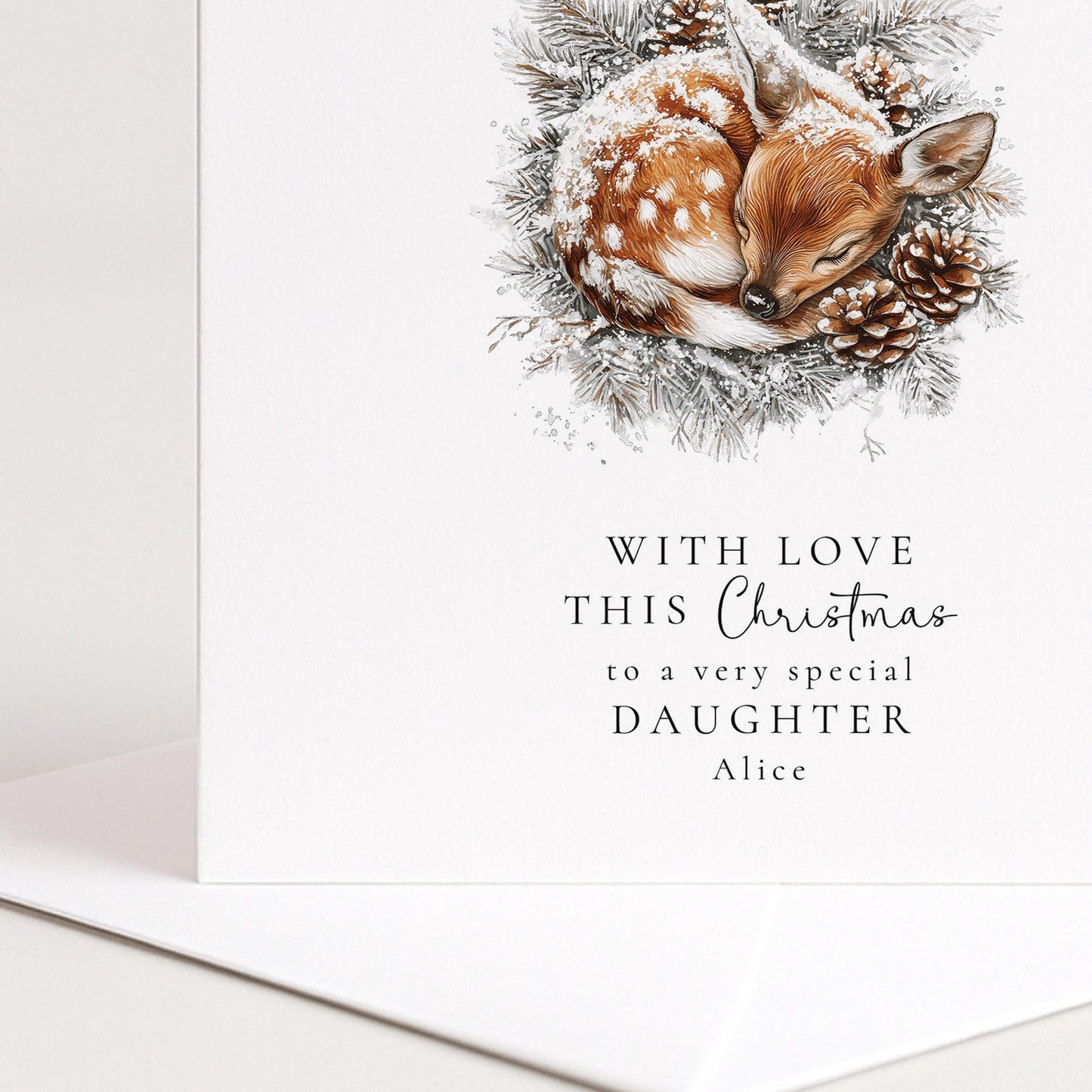 Daughter Christmas Card – Personalised Luxury Greeting With Snowy Deer Illustration