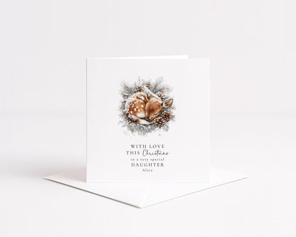 Daughter Christmas Card – Personalised Luxury Greeting With Snowy Deer Illustration