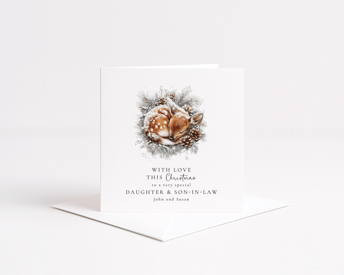 Daughter Son-in-Law Christmas Card – Personalised Cosy Deer Illustration Holiday Greeting